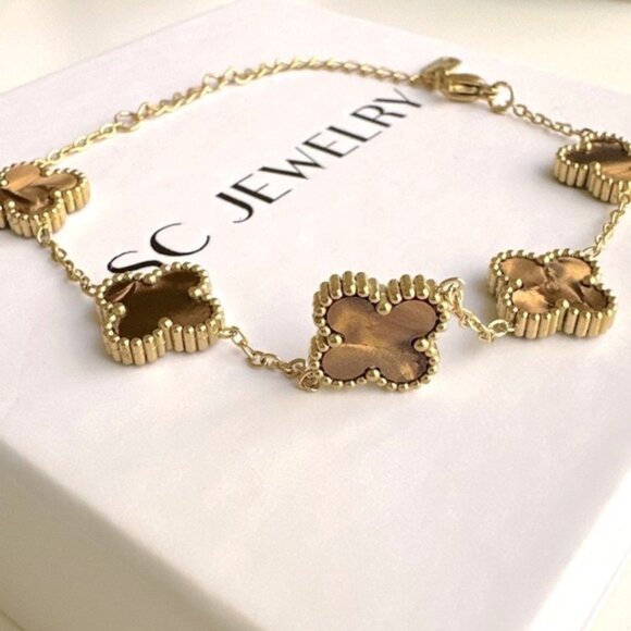 Last 1 !Clover Bracelet Tiger Eye Double Sided Four Leaf - Picture 6 of 12